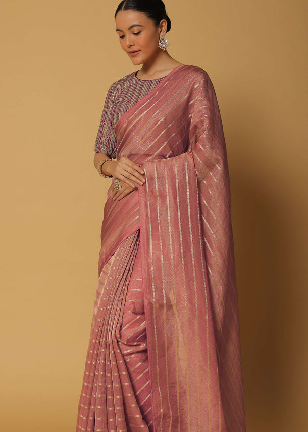 Pink Silk Saree With Zari Stripes And Stitched Blouse