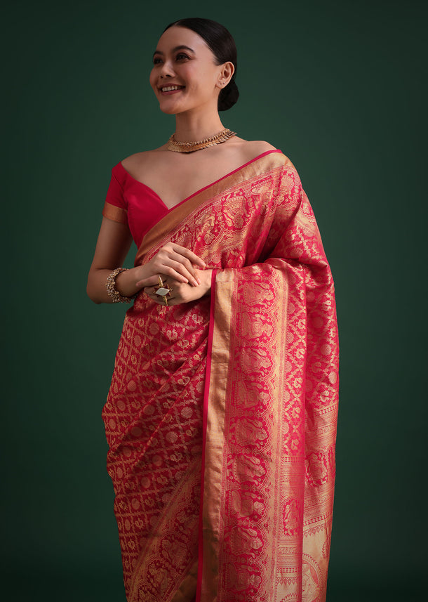 Pink Silk Saree With Zari Woven Jaal Work And Traditional Motif Border