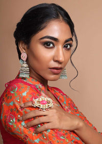 Pink Stone Ring With Polki, Moti And Beads In Ethnic Design By
