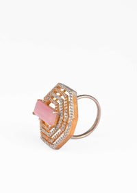 Pink Stone Studded Ring With Swarovski Work In Geometric Design