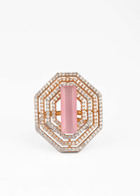 Pink Stone Studded Ring With Swarovski Work In Geometric Design