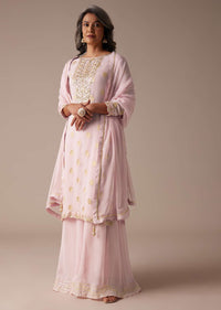 Baby Pink Straight Palazzo Suit Set In Banarasi Georgette With Brocade Work