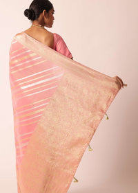 Pink Striped Tissue Silk Saree with Brocade Border Pallu And Unstitched Blouse Piece