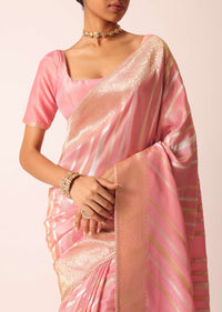 Pink Striped Tissue Silk Saree with Brocade Border Pallu And Unstitched Blouse Piece