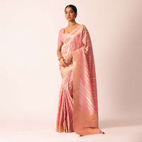 Pink Striped Tissue Silk Saree with Brocade Border Pallu And Unstitched Blouse Piece