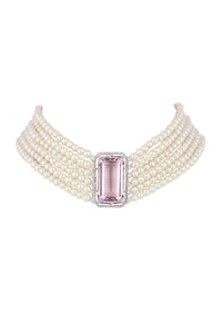 Pink Studded Pearl Choker In Mix Metal