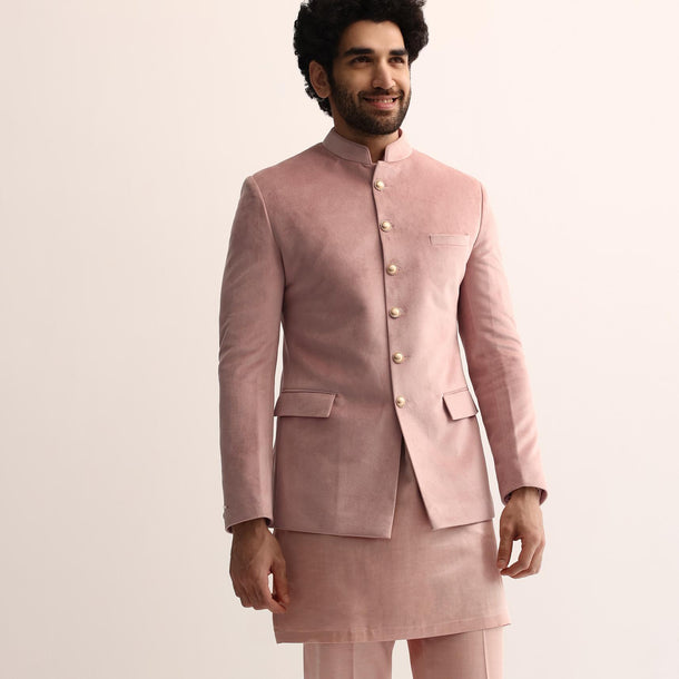 Pink Jodhpuri Set In Suede For Men