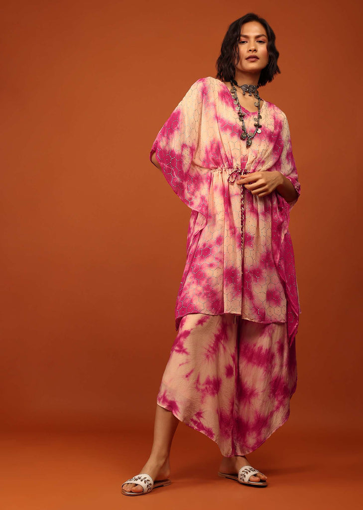 Candy Pink Tie Dye Kaftan Set In V Neckline With A Tie-Up Tassel Dori At The Front