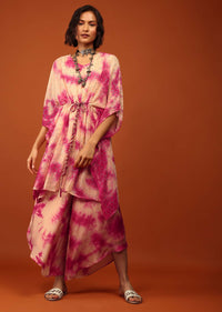 Candy Pink Tie Dye Kaftan Set In V Neckline With A Tie-Up Tassel Dori At The Front