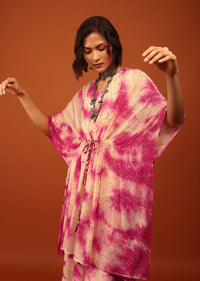 Candy Pink Tie Dye Kaftan Set In V Neckline With A Tie-Up Tassel Dori At The Front