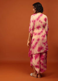 Candy Pink Tie Dye Kaftan Set In V Neckline With A Tie-Up Tassel Dori At The Front