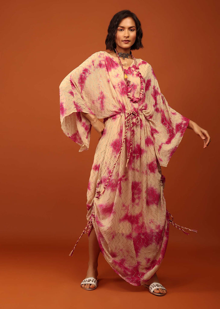 Beige Tie-Dye Kaftan Set With Tie-Up Tassel Doris At The Front And Sides