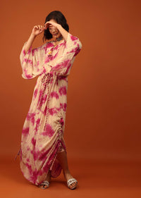 Beige Tie-Dye Kaftan Set With Tie-Up Tassel Doris At The Front And Sides