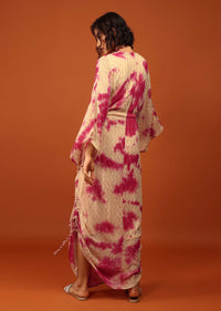 Beige Tie-Dye Kaftan Set With Tie-Up Tassel Doris At The Front And Sides