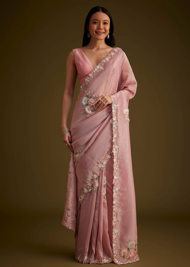 Pink Tissue Saree With Floral Embroidery