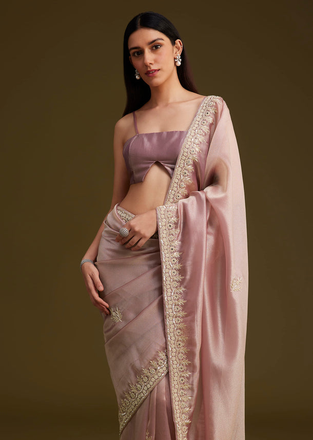 Pink Tissue Saree With Mirror And Sequins Embroidery