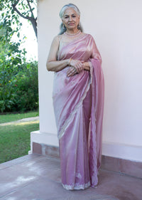 Pink Tissue Silk Embroidered Saree With Embellished Scallop Border