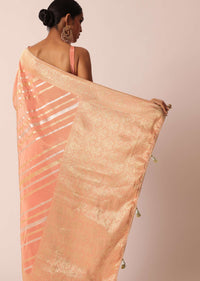 Pink Tissue Silk Saree with Gold Stripes And Unstitched Blouse Piece