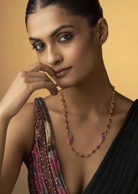 Pink Toned Kundan Necklace Adorned With Peacock Motif