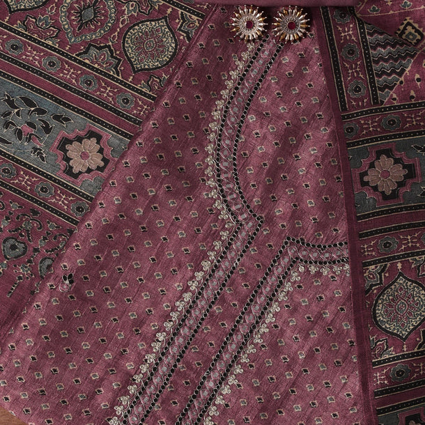 Pink Tussar Tribal Geometric Printed Unstitched Dress Material