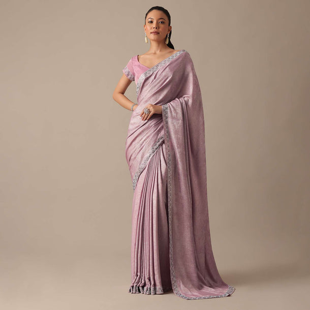 Pink Foil Georgette Saree With Swarovski Work And Unstitched Blouse Piece
