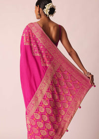 Pink Woven Saree In Silk With Bandhani Motifs And Unstitched Blouse Piece