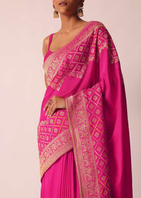 Pink Woven Saree In Silk With Bandhani Motifs And Unstitched Blouse Piece
