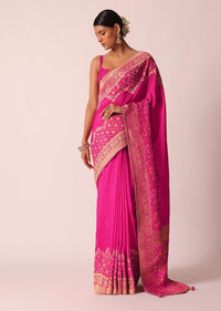 Pink Woven Saree In Silk With Bandhani Motifs And Unstitched Blouse Piece