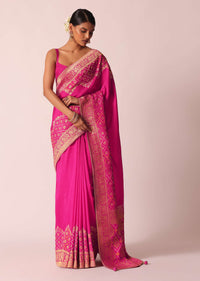 Pink Woven Saree In Silk With Bandhani Motifs And Unstitched Blouse Piece