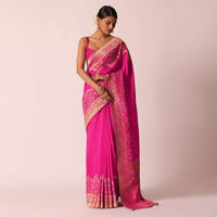 Pink Woven Saree In Silk With Bandhani Motifs And Unstitched Blouse Piece