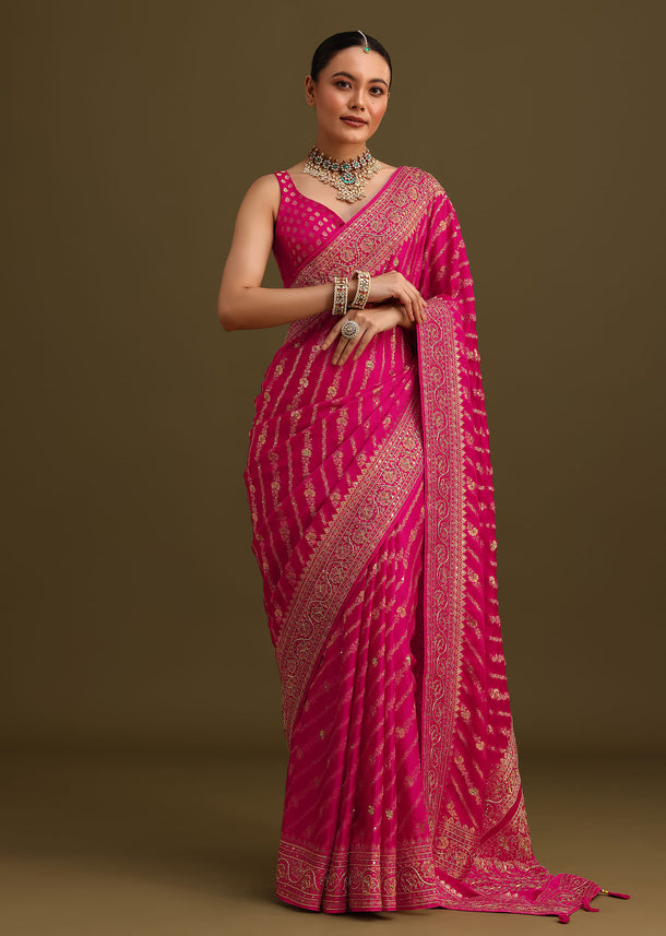 Pink Zardosi Embroidered Saree With Cutdana And Stone Work