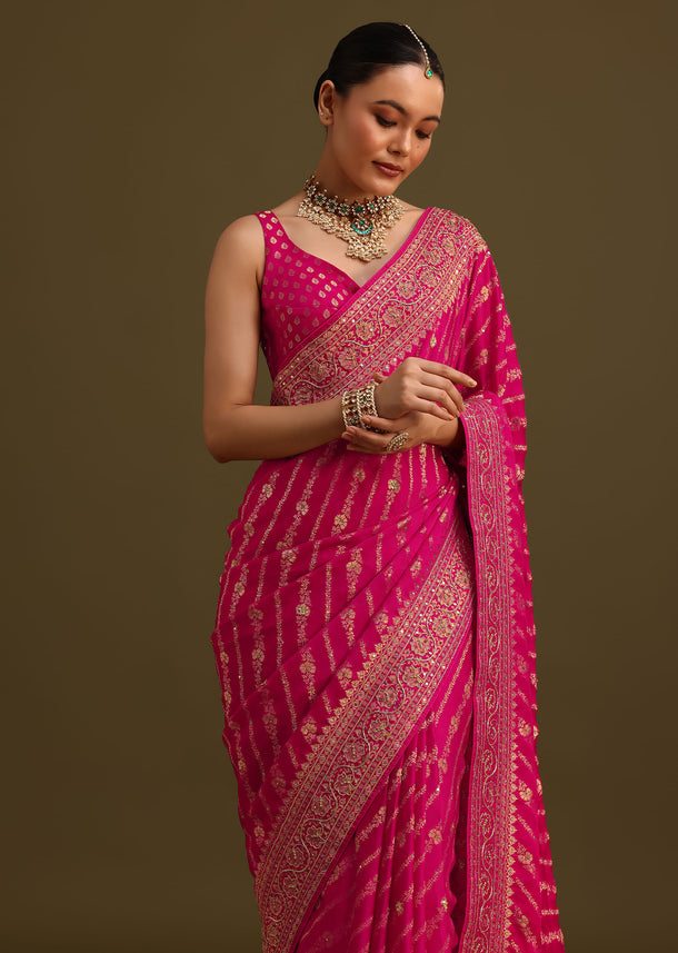 Pink Zardosi Embroidered Saree With Cutdana And Stone Work