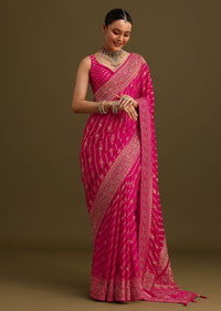 Pink Zardosi Embroidered Saree With Cutdana And Stone Work
