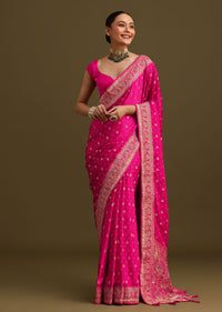 Pink Zardosi Embroidered Saree With Unstitched Blouse