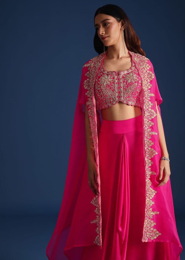 Pink Zardozi Embroidered Jacket With Skirt And Crop Top