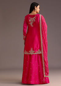 Pink Zari Work Palazzo Set With Organza Dupatta