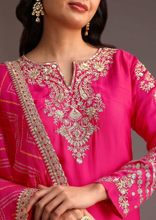 Pink Zari Work Palazzo Set With Organza Dupatta