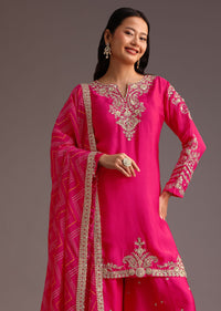 Pink Zari Work Palazzo Set With Organza Dupatta