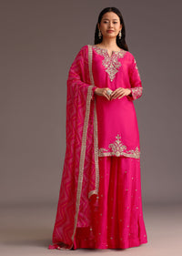 Pink Zari Work Palazzo Set With Organza Dupatta