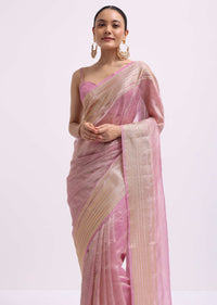 Pink Zari Woven Chanderi Saree With Unstitched Blouse