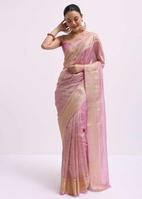 Pink Zari Woven Chanderi Saree With Unstitched Blouse