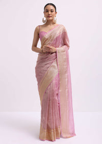 Pink Zari Woven Chanderi Saree With Unstitched Blouse