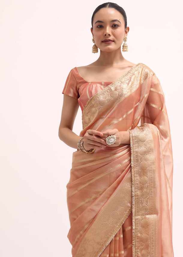 Pinkish Gold Zari Chanderi Silk Saree With Unstitched Border