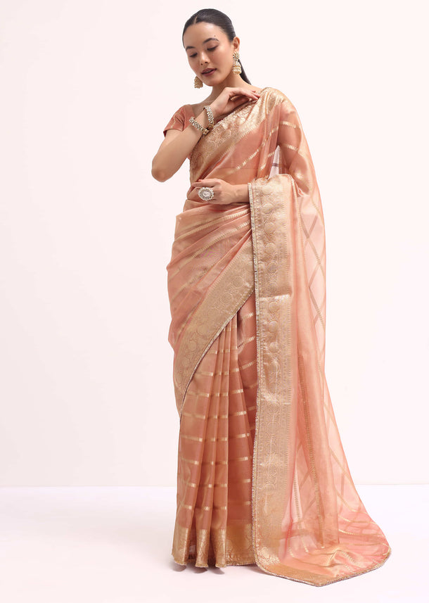 Pinkish Gold Zari Chanderi Silk Saree With Unstitched Border