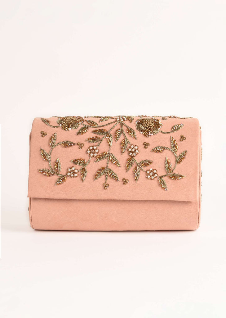 Pinkish Peach Clutch In Suede With Zardosi Embroidered Floral Motifs Online - Kalki Fashion