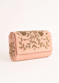 Pinkish Peach Clutch In Suede With Zardosi Embroidered Floral Motifs Online - Kalki Fashion