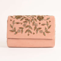 Pinkish Peach Clutch In Suede With Zardosi Embroidered Floral Motifs Online - Kalki Fashion