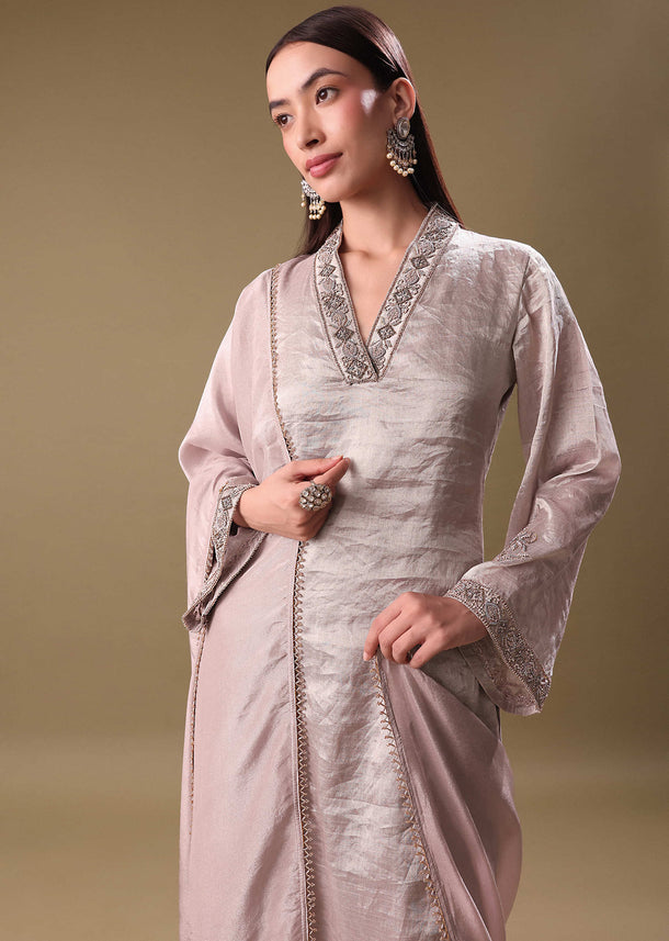 Pinkish Silver Hand Embroidered Tissue Kurta Set