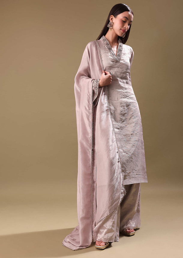 Pinkish Silver Hand Embroidered Tissue Kurta Set