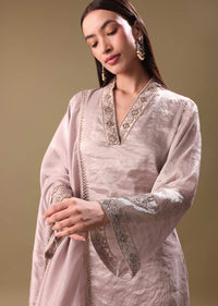 Pinkish Silver Hand Embroidered Tissue Kurta Set